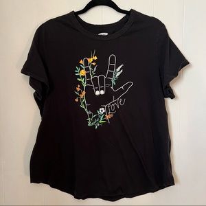 Old Navy Black T-shirt, “Love” (sign language) with Flowers, Size XL